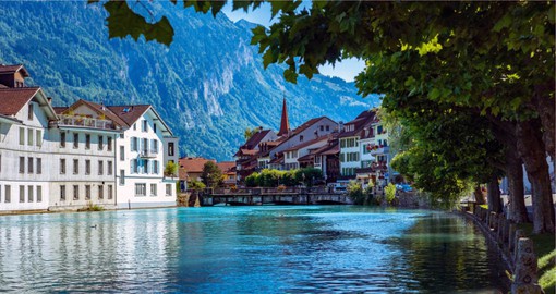 Interlaken lies in the Bernese Oberland, between Lake Thun and Lake Brienz