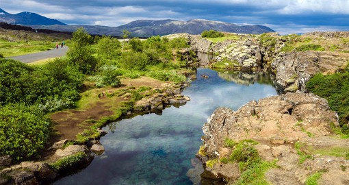 Thingvellir National Park sits atop the the divide between the Eurasian and North American continental plates