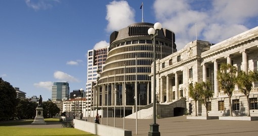 Parliament and Beehive office buildings in central Wellington are great photo opportunities while on New Zealand tours.