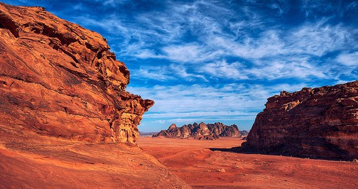 Wadi Rum, also known as the Valley of the Moon, is cut into the sandstone and granite rock of southern Jordan
