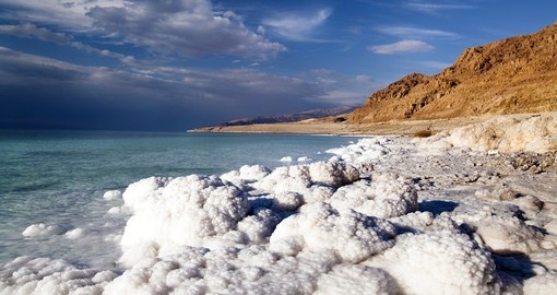 Salt covers the Dead Sea Coastline - A great photo opportunity for all Jordan tours