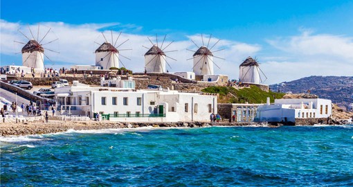 Visit Mykonos and it's windmills on your trip to Greece