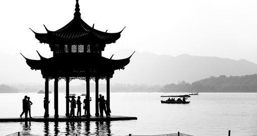 Chinese pavilion silhouette on West Lake
