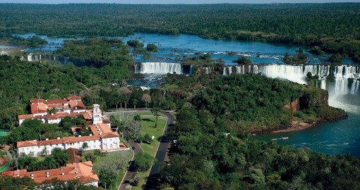 Aerial view of Das Cataratas Hotel and Iguassu Falls