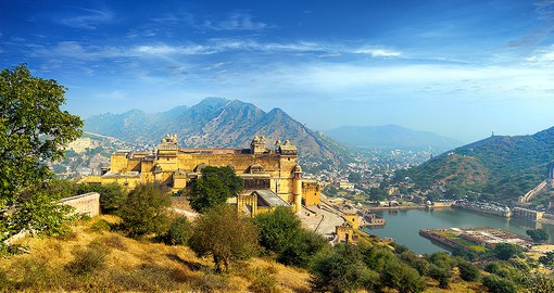 The hilltop Amber Fort near Jaipur is constructed of red sandstone
