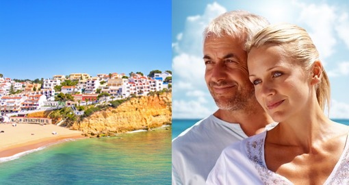 split image of couples face and Algarve beach