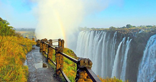 On the boarder between Zimbabwe and Zambia, the Victoria Falls are the largest curtain of water in the world