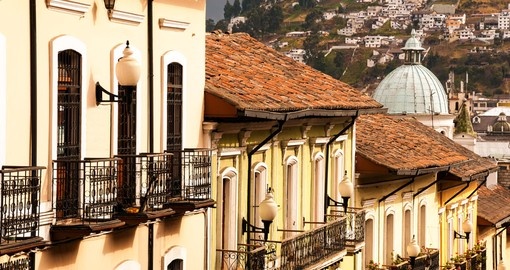 Row of historic colonial buildings in Quito
