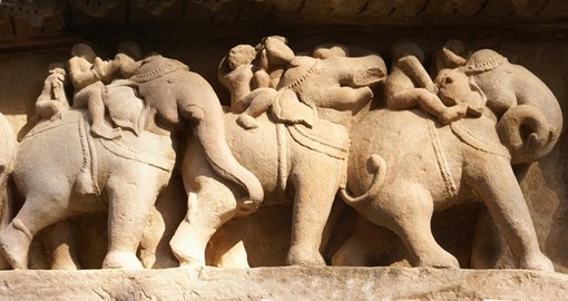 Elephant sculptures on base of Lakshmana Temple is a great photo opportunity on India vacations.