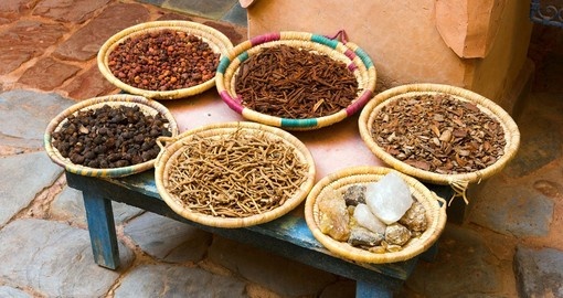 Cooking and health spices for sale in the market  - commonly seen on Agadir tours.