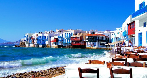 Enjoy a meal seaside in the beautiful decorated Mykonos Village on your Greece Vacation