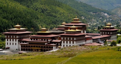 View of Tashichoedzong - The 17th century fortress-monastery and a  great photo opportunity while on your Bhutan vacation.
