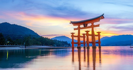 Itsukushima Shrine is a giant torii gate near Hiroshima