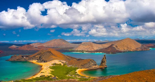 The Pinnacle Rock, formed by an eroded toba cone, is the most emblematic formation of the Galapagos