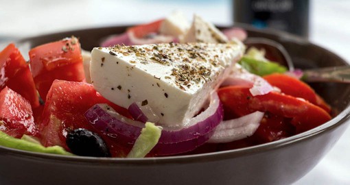 Greek cuisine relies heavily on cheeses, olives, herbs lemon juice