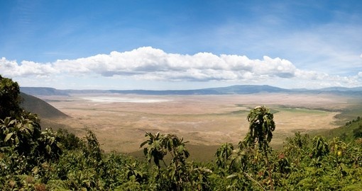 Panoramic photo from the rim of the crater as seen from your Ngorongoro Conservation Area safari.