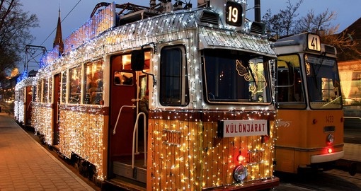 A tram with festive lights