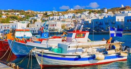 Colorful wooden fishing boats in Mykonos