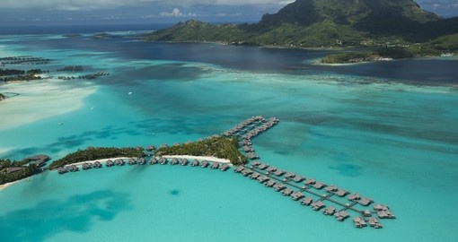 Explore aerial View St Regis Bora Bora during your next Tahiti vacations.
