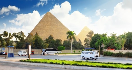 Ancient Great Pyramids and present day Giza town