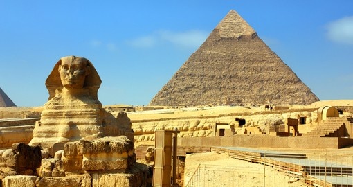 Famous ancient Egypt Cheops Pyramid and Sphinx