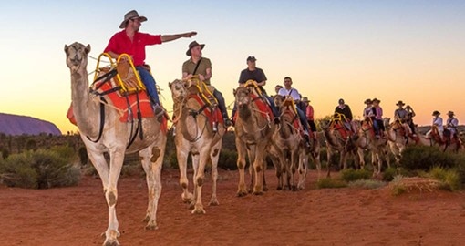 Ride a camel to watch the sunset over Ayers Rock as part of your Australian Vacation