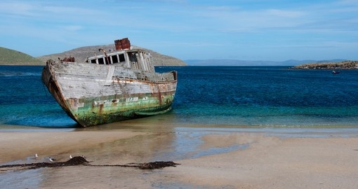 Shipwreck on a beach in the Falkland Islands