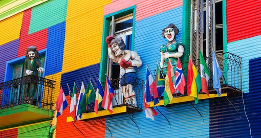 The working-class neighborhood of La Boca features rows of  brightly painted zinc shacks