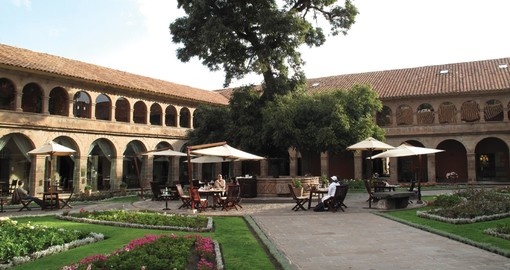 The courtyard of a deluxe Cusco hotel