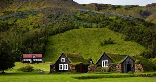 Traditional Icelandic houses with grass roof