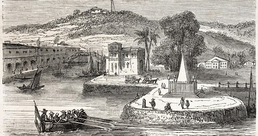 Old view of Singapore landing stage, 1857