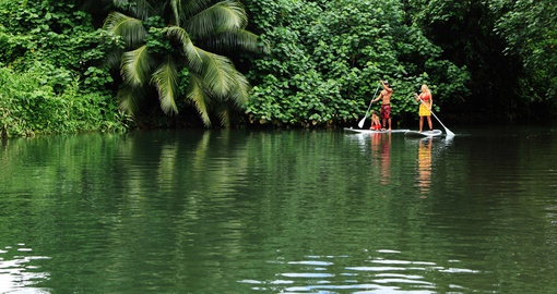 Family paddling down a river in Tahiti