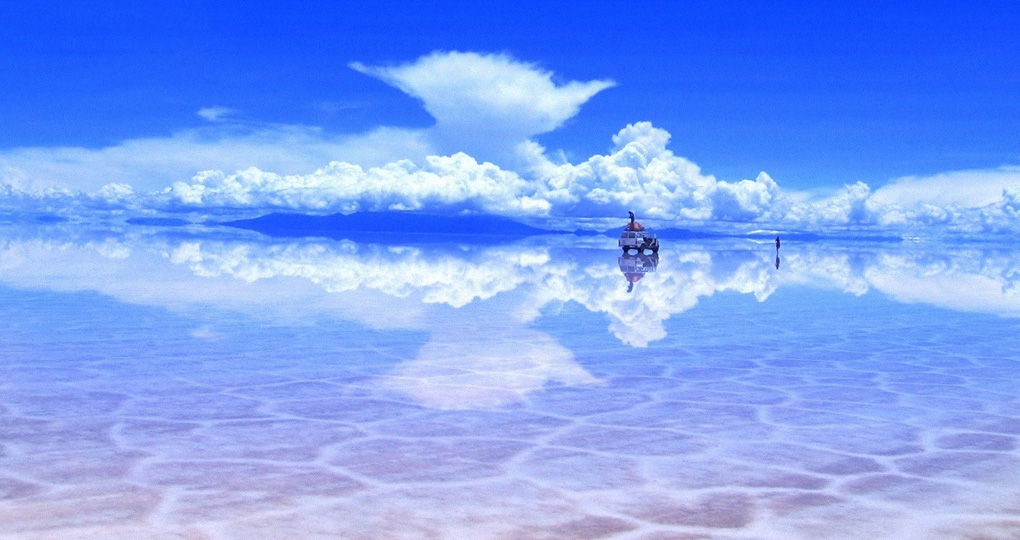 Salar de Uyuni, salt flats in Bolivia reflect the sky.