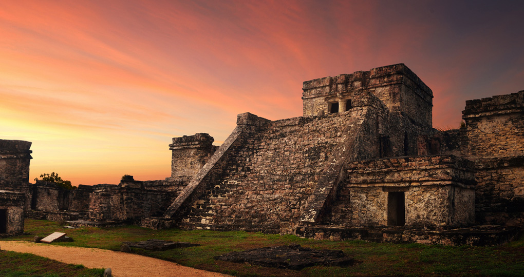 Sunset at the Mayan ruins of Tulum.